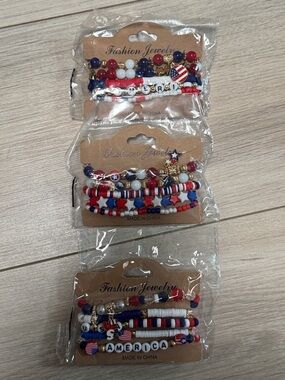 Fashion Jewelry Beaded Bracelet Trio - Red, White, Blue